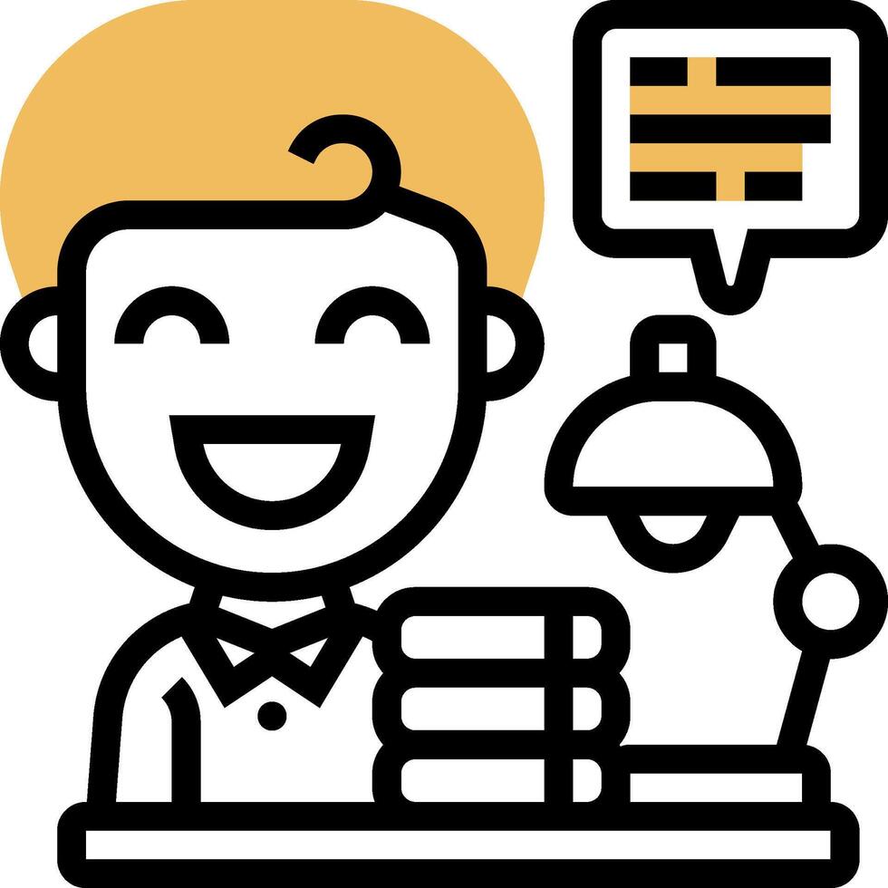 A man is sitting at a desk with a book and a speech bubble vector