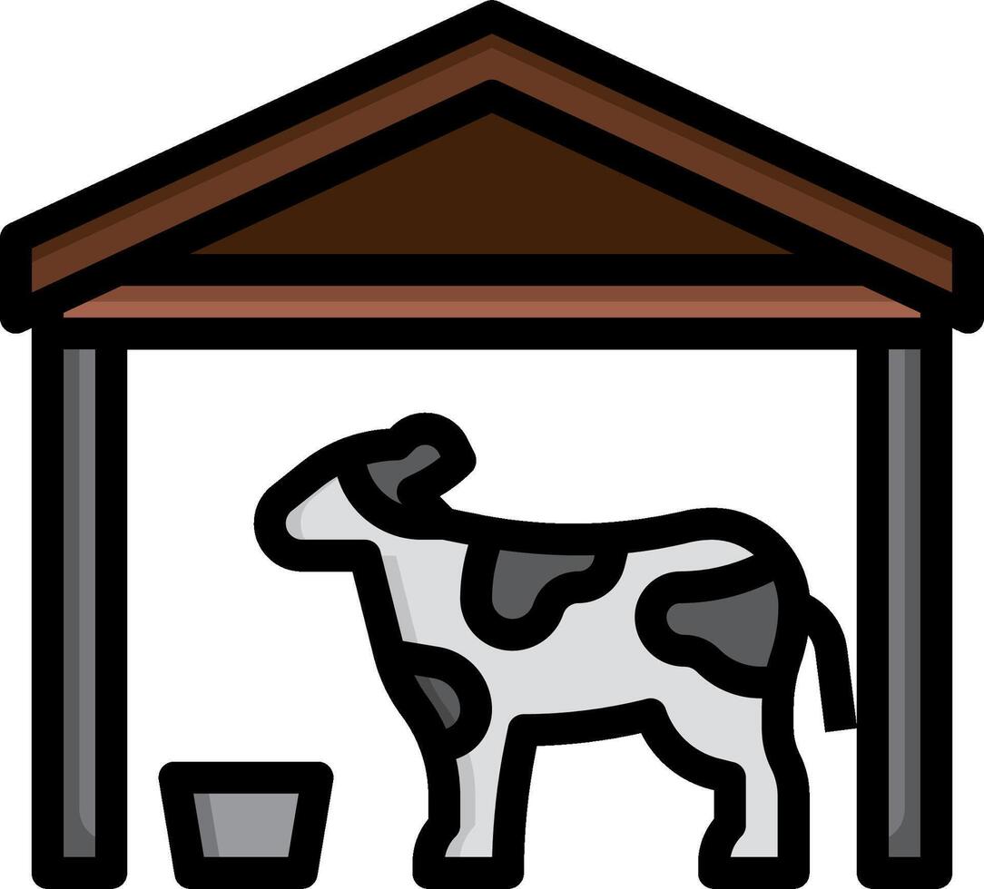 A cow is standing under a shelter with a bucket vector