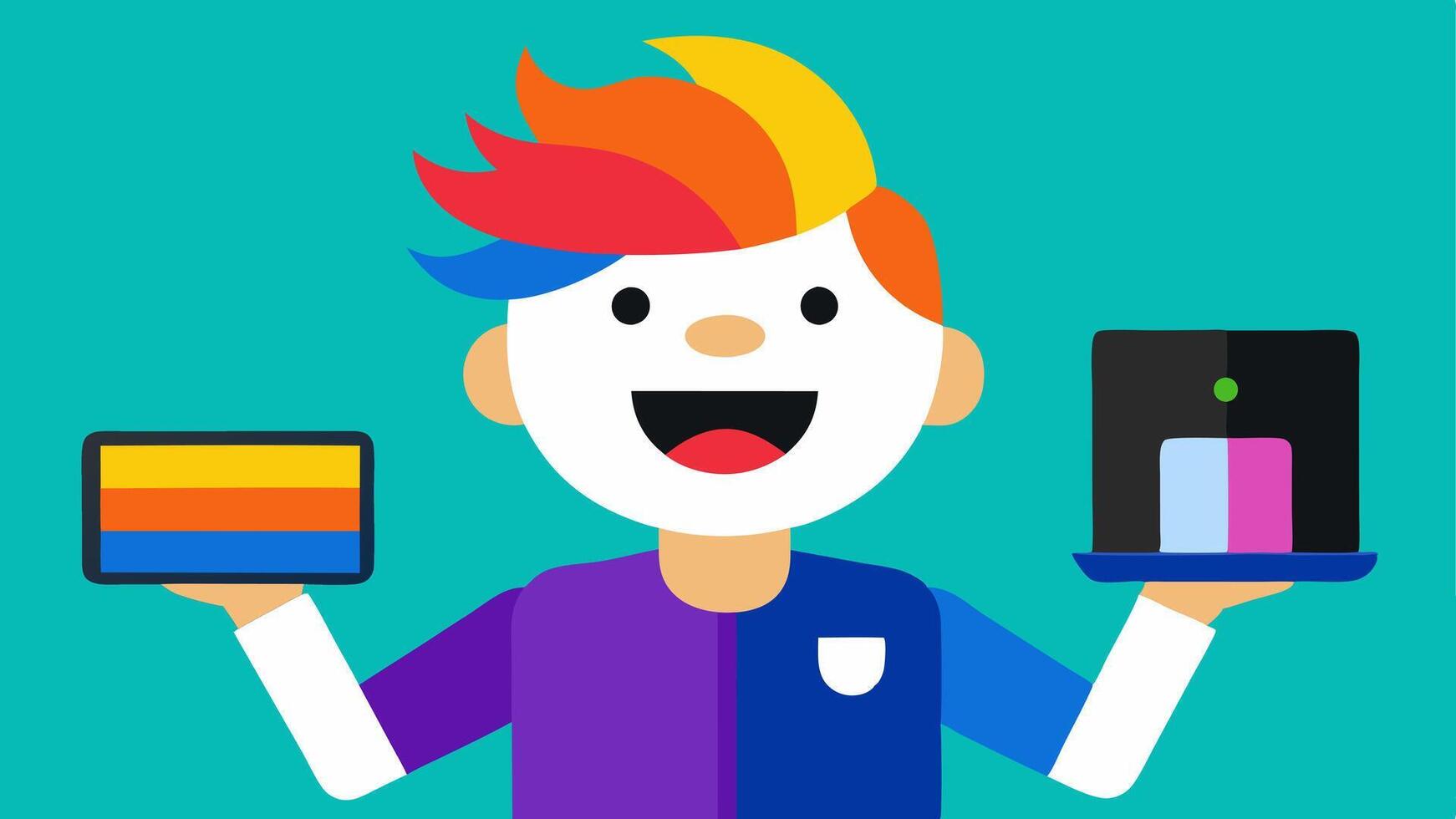 Cheerful Vlogger An influencer with colorful hair smiling widely while holding a sleek gadget in one hand and a tablet displaying Black Friday Deal in the other.. vector