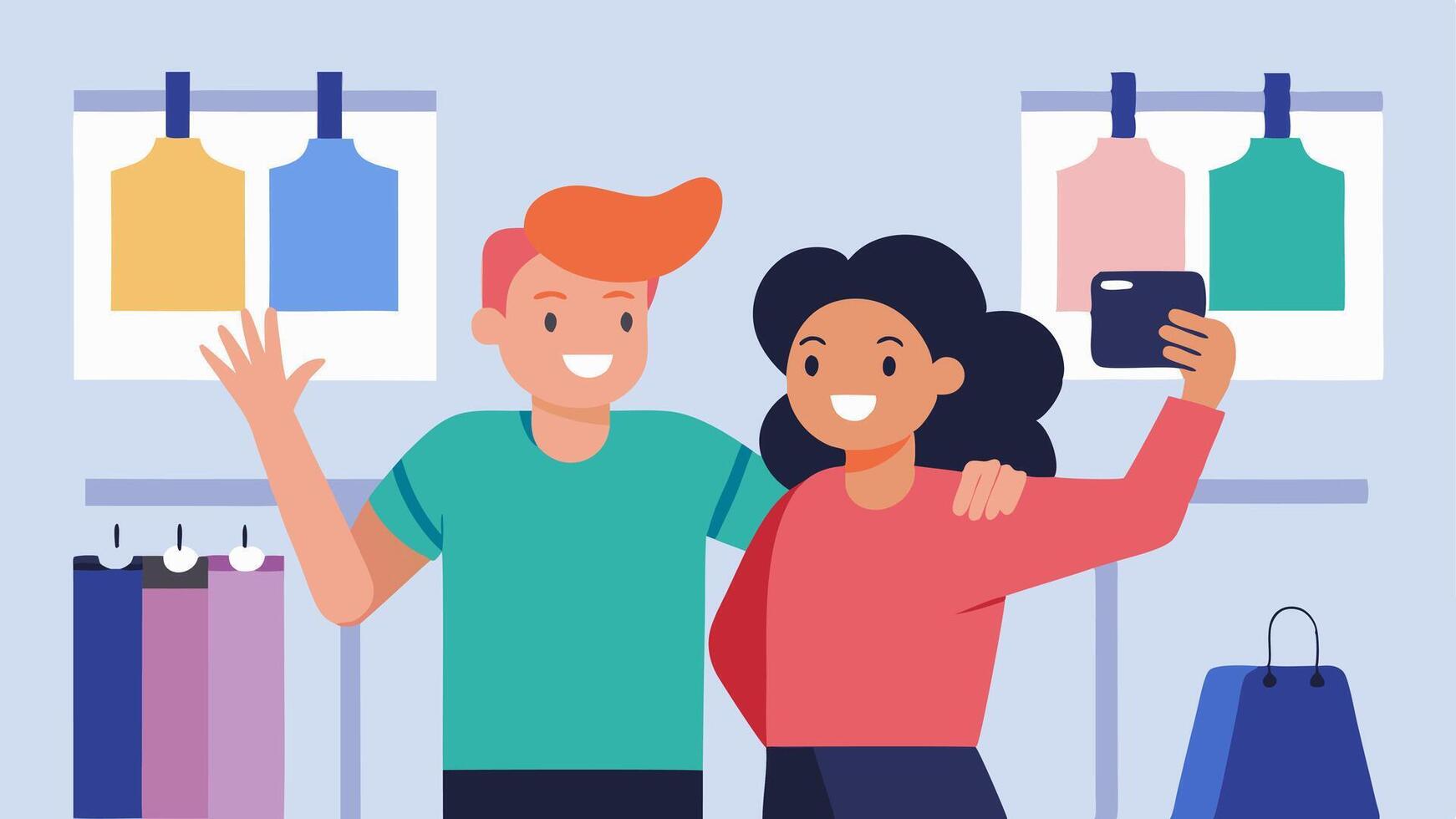 Casual Dressing Two friends taking selfies while trying on outfits in a brightly lit area with Big Sale Today posters on the walls.. vector