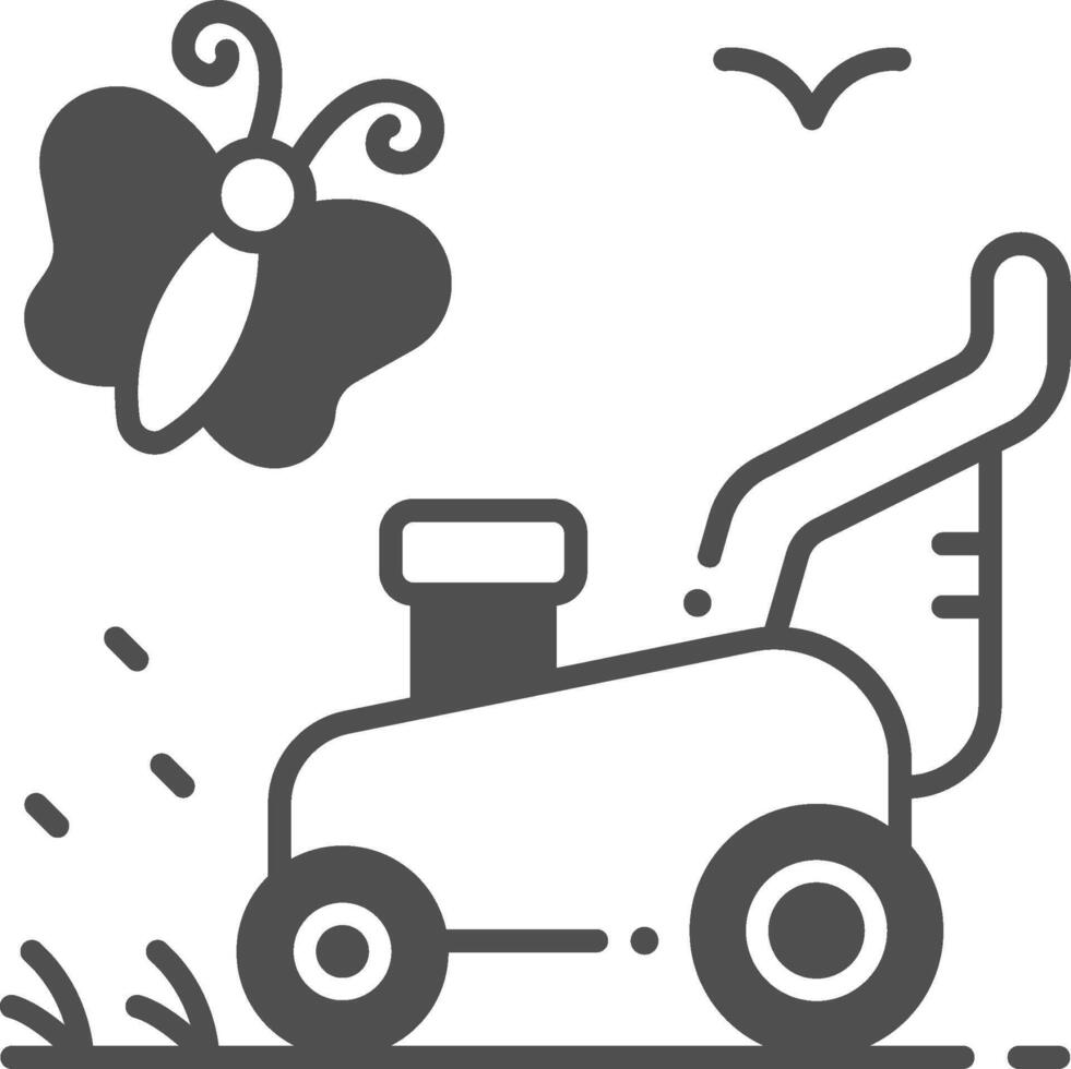 A lawn mower and butterfly are shown in a black and white illustration vector