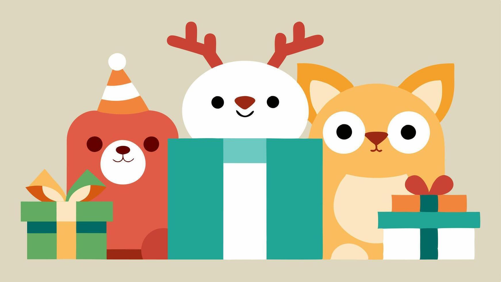 Cute Animal Figures Playful cartoonish animals like a snowman or a reindeer peeking out from behind the gifts.. vector