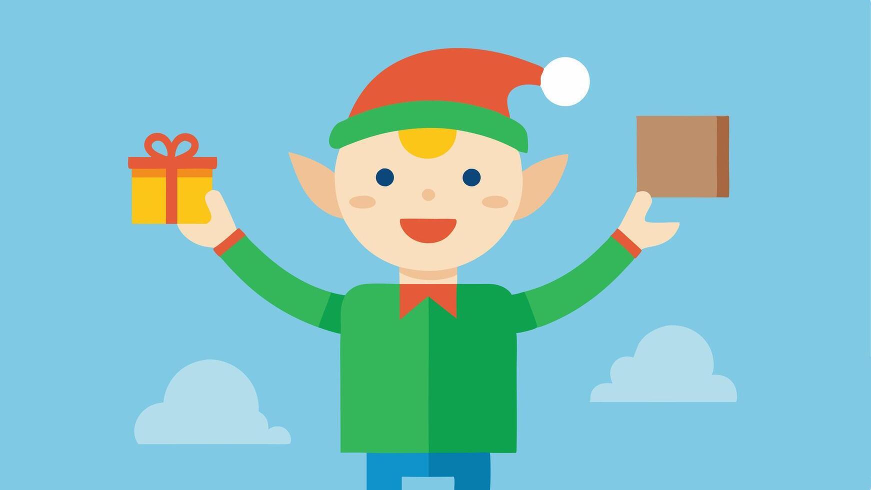 Elf Waving A friendly elf waving at passing shoppers with one hand holding a flyer and the other gesturing towards a large Holiday Sale banner overhead.. vector
