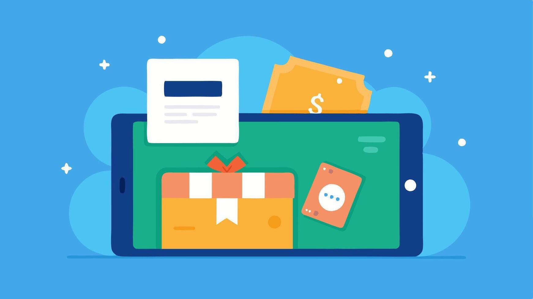 Digital Wallet A graphic of a digital wallet app open on a tablet displaying various vouchers and coupons saved for future use.. vector