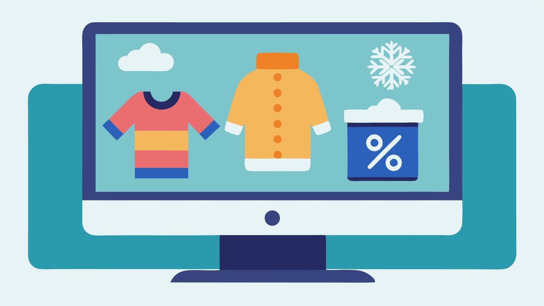 EndofSeason Sale A computer screen displaying a popup promoting an endofseason flash sale with winterthemed graphics showcasing clothing and accessories at reduced prices.. vector