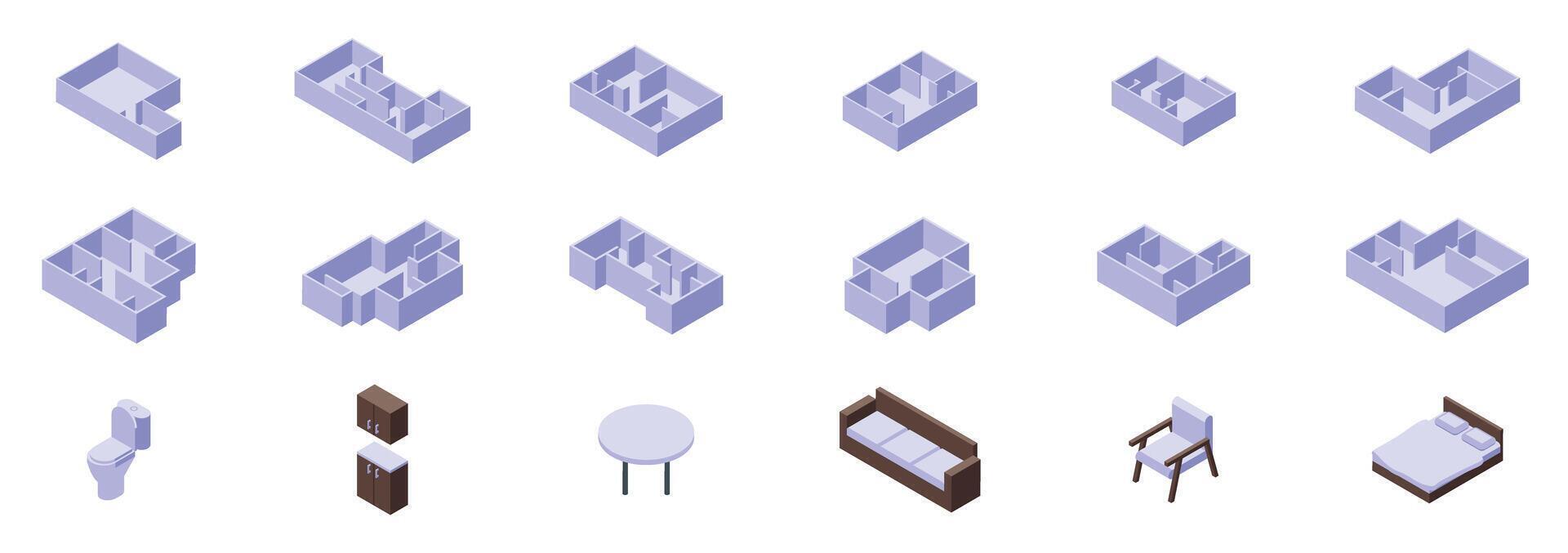 Floor plan empty rooms icons set. Architect designing house plan with furniture in isometric view vector