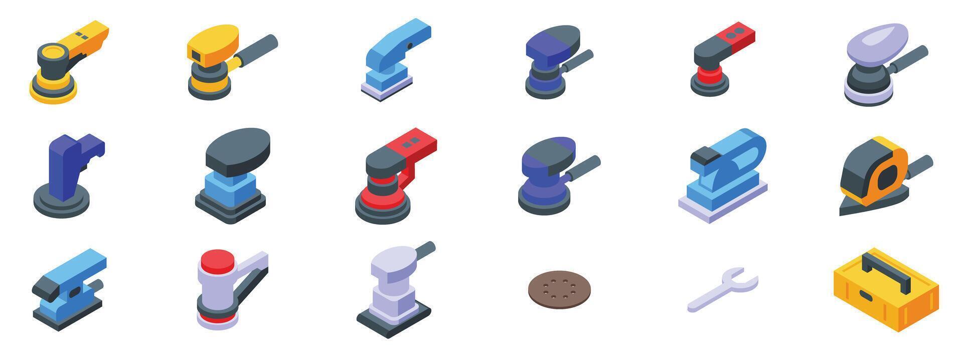 Electric sanding machine icons set. Orbital sander icons showing sanding and polishing tools for woodworking and automotive vector
