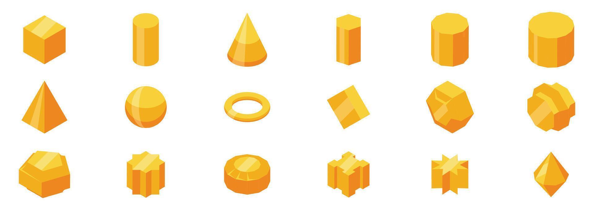 Gold polyhedron icons set. Set of 3d geometric shapes representing different figures in vivid yellow tones vector