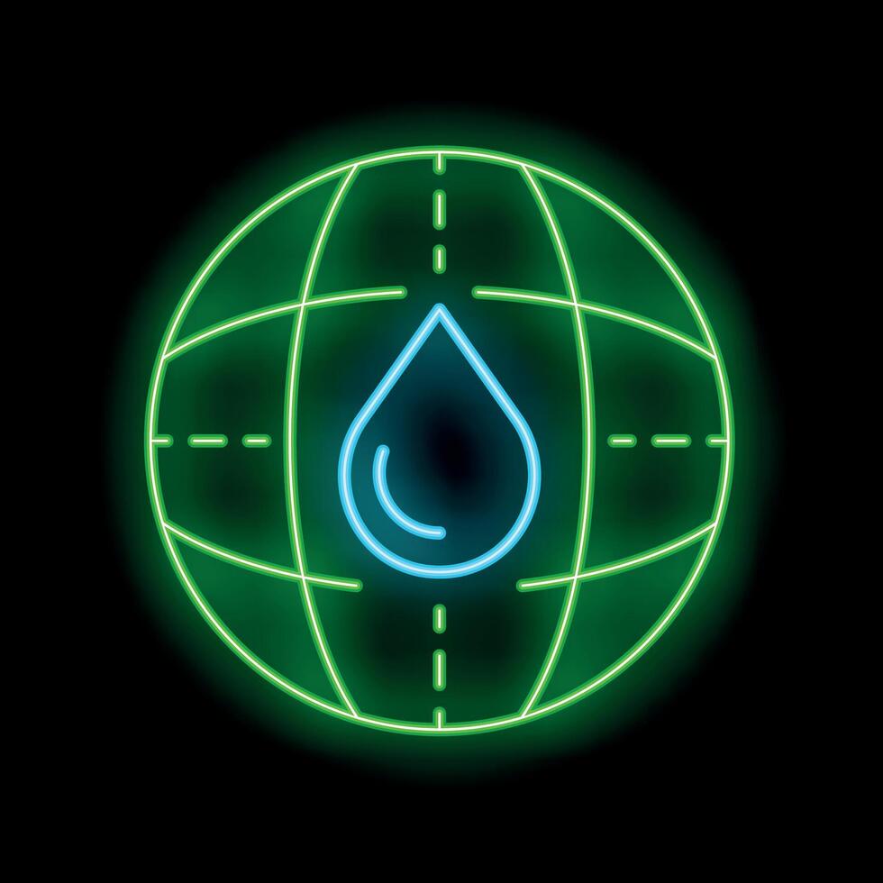 Neon icon of a water drop over a globe for global water shortage concept vector