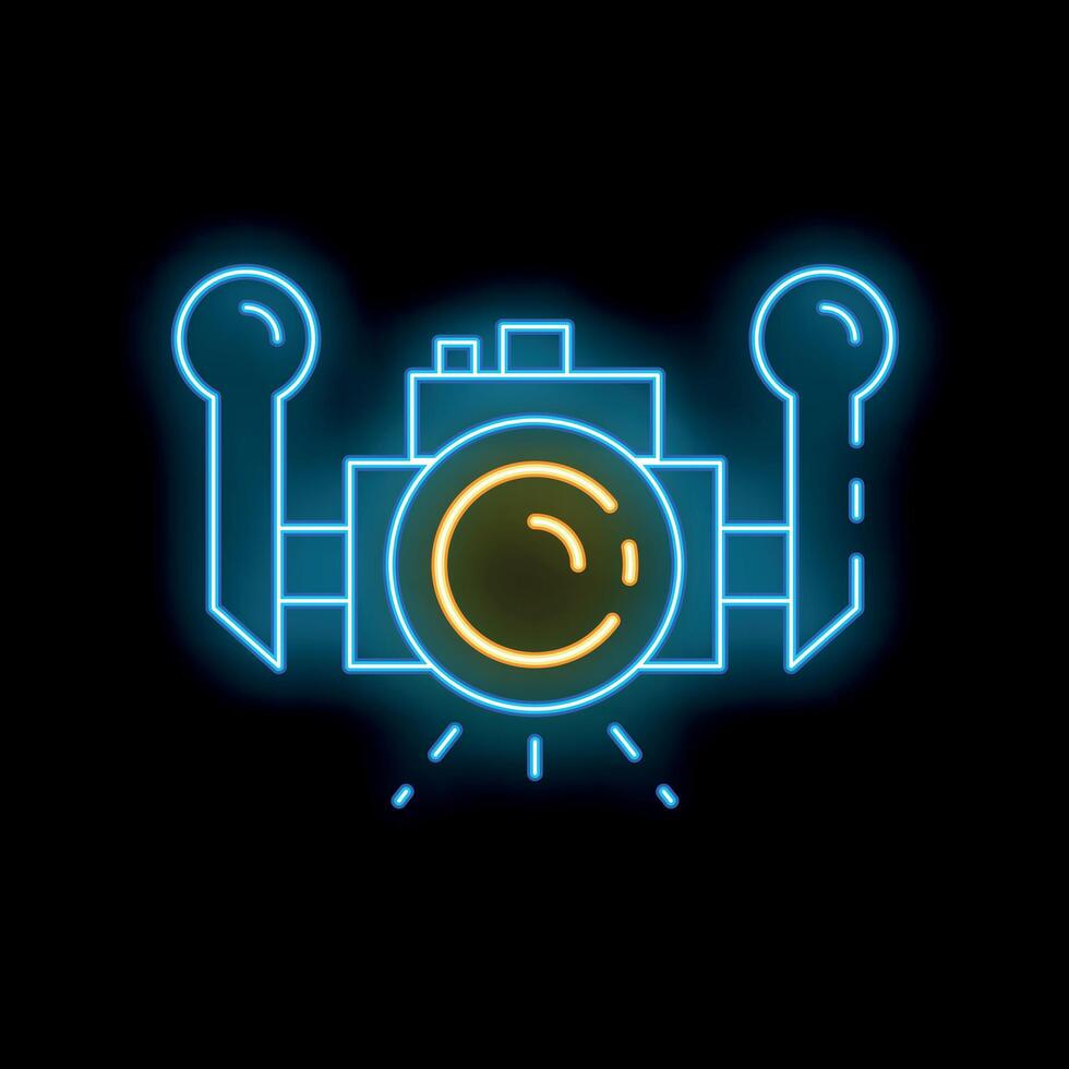 Neon satellite orbiting earth icon glowing against dark background vector