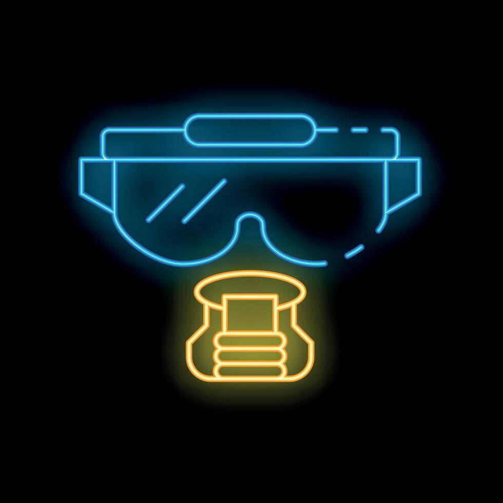 Neon respirator mask with protective glasses icon glowing on dark background vector