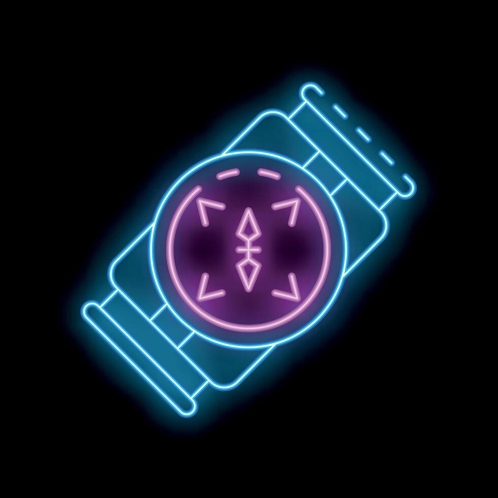 Glowing neon line round wooden shield with target icon isolated on black background. Security, safety, protection, privacy concept. Vector