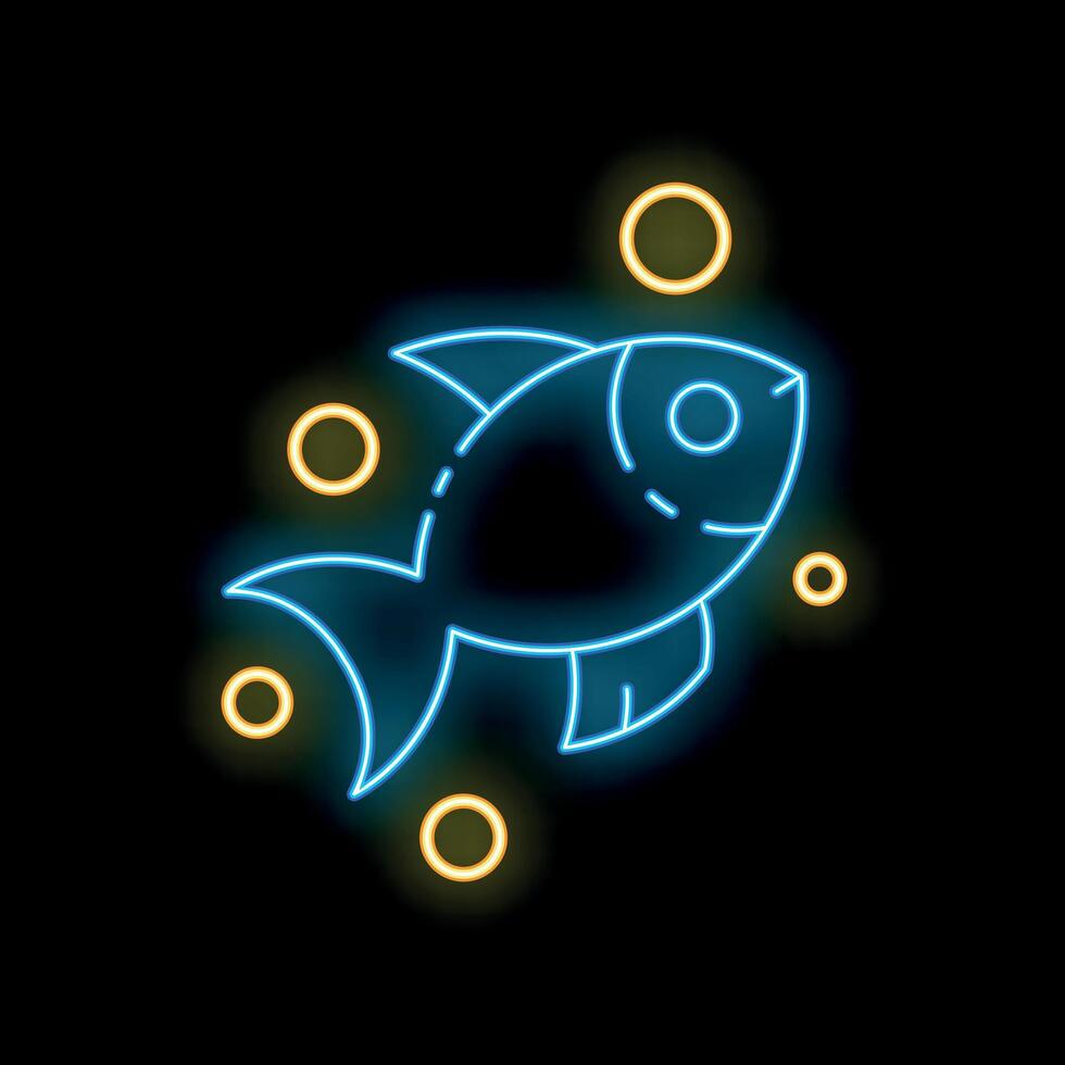 Glowing neon line fish swimming surrounded by air bubbles icon isolated on black background. Vector illustration