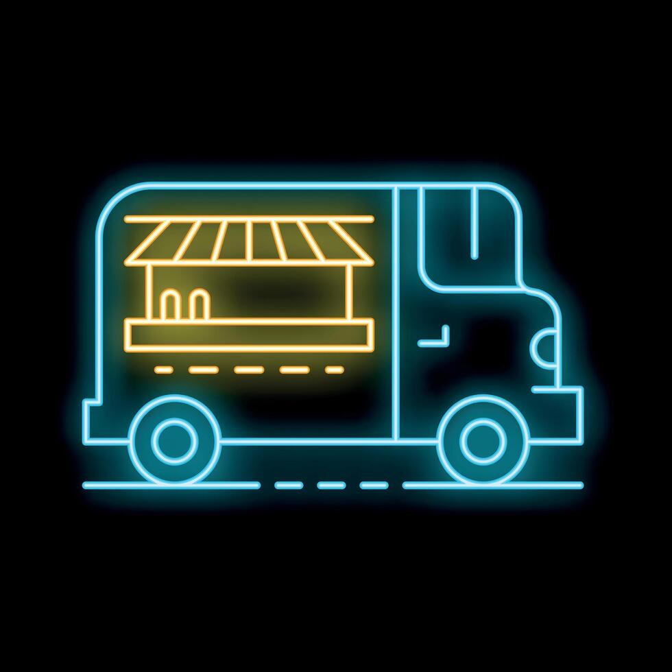 Glowing neon icon of a food truck with an awning, representing street food, mobile catering, and urban dining experiences vector