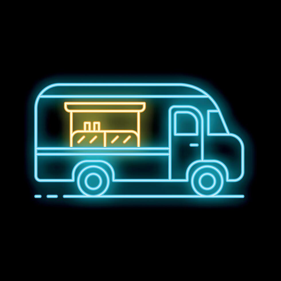 Neon food truck icon glowing on dark background vector