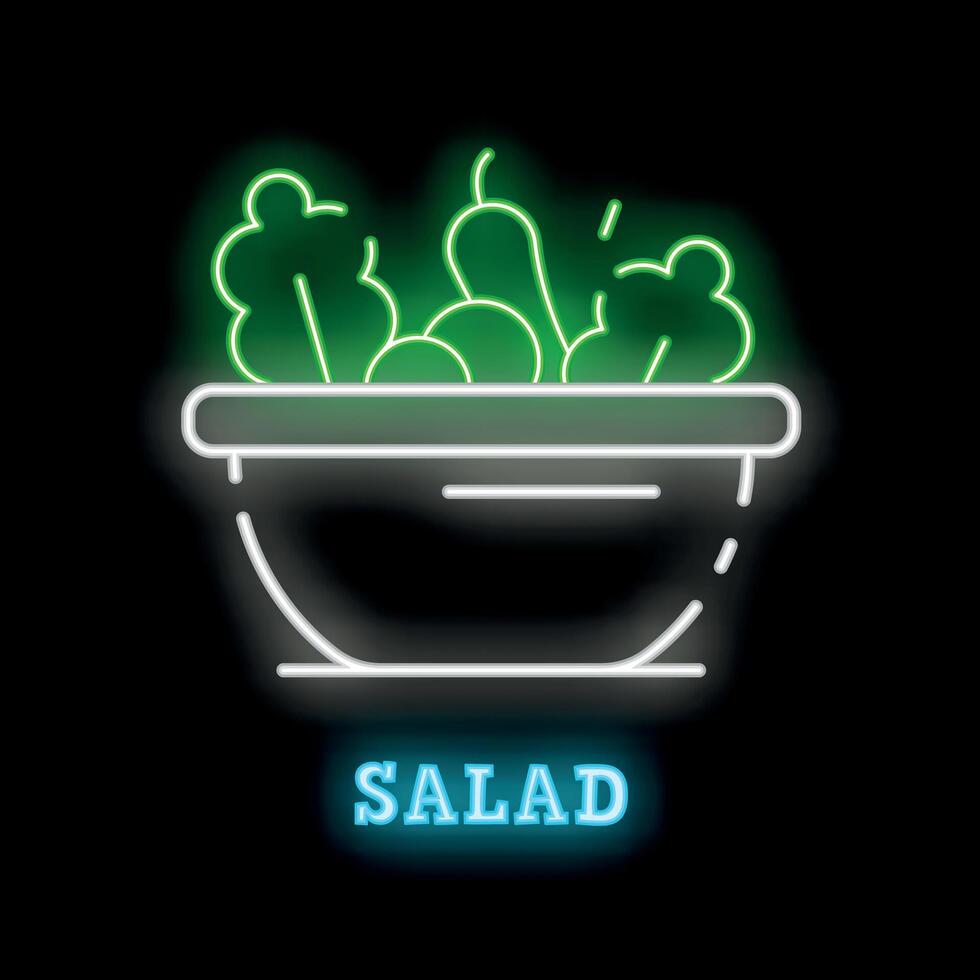 Green neon sign of salad in bowl on black background vector