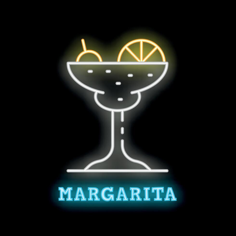 Neon sign of cocktail margarita with lime slice and olive on black background vector