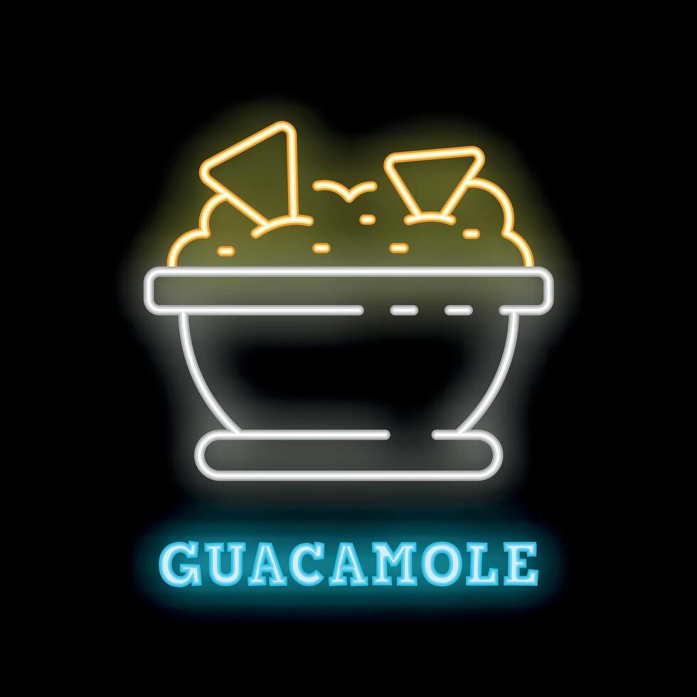 Neon sign showing bowl overflowing with guacamole and tortilla chips vector