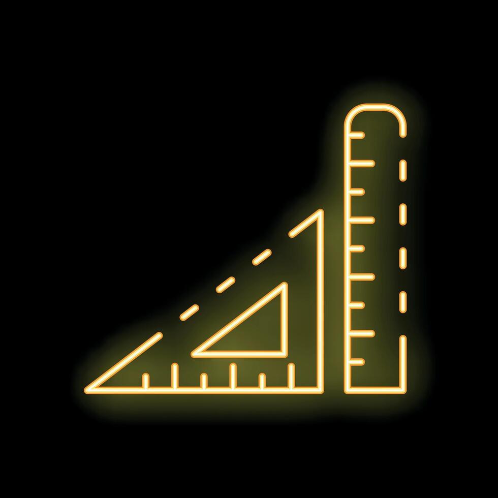 Glowing neon ruler and set square on black background vector