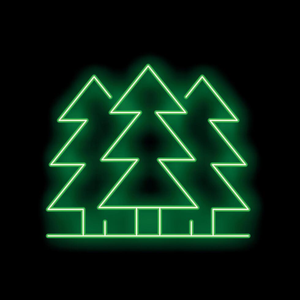 Green neon sign depicting three evergreen trees on black background vector