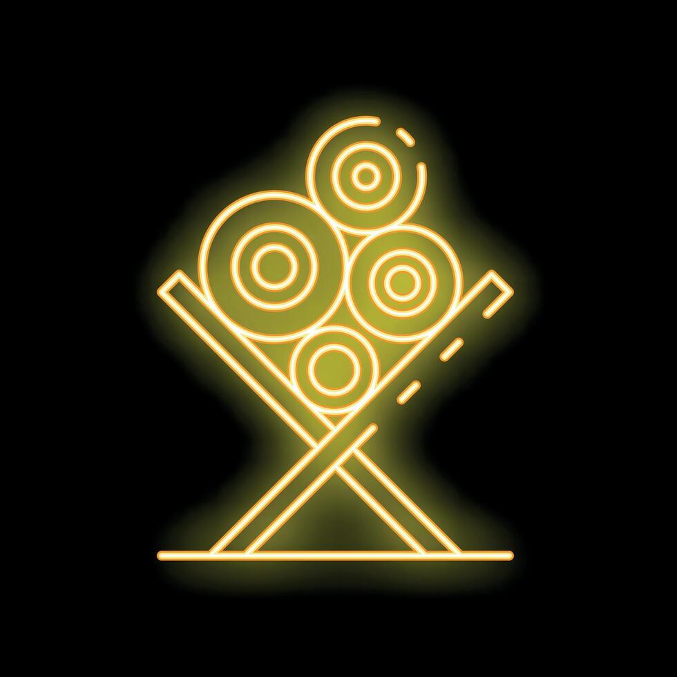 Yellow neon icon of logs drying on wooden stand for winter vector
