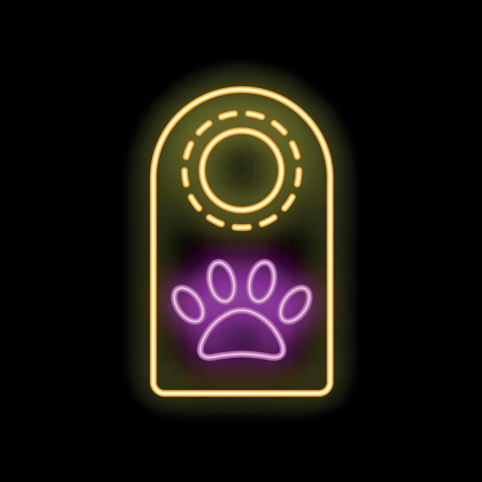 Neon glowing sign of a door hanger with a paw print on a black background vector