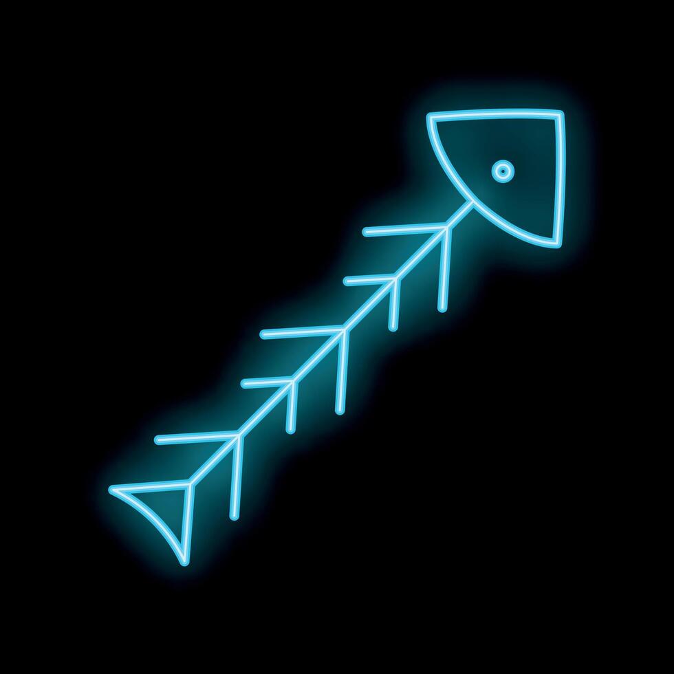 Bright blue neon sign showing fish bone symbol on black background vector
