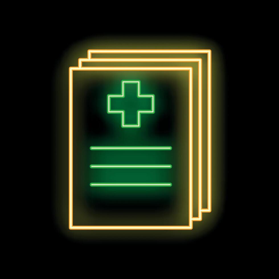Neon sign showing medical records with green cross symbol on black background vector