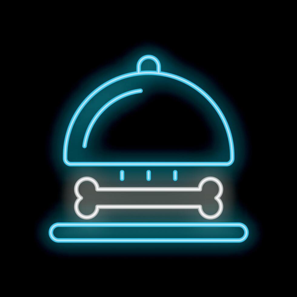 Blue glowing neon icon of a dog bone on a tray covered with a cloche vector