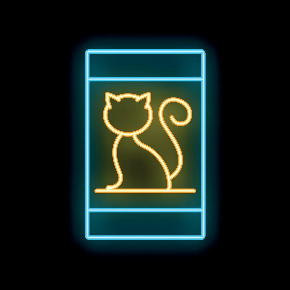 Neon glowing icon of a bag of food for cats with a sitting cat drawn inside vector