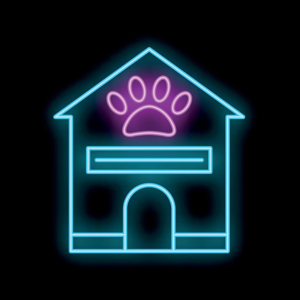 Glowing neon sign of pet hotel with dog paw print on black background vector