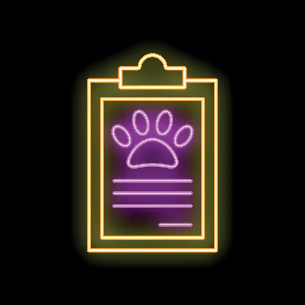 Glowing neon line clipboard with medical history icon isolated on black background. Veterinary clinic pet service sign vector