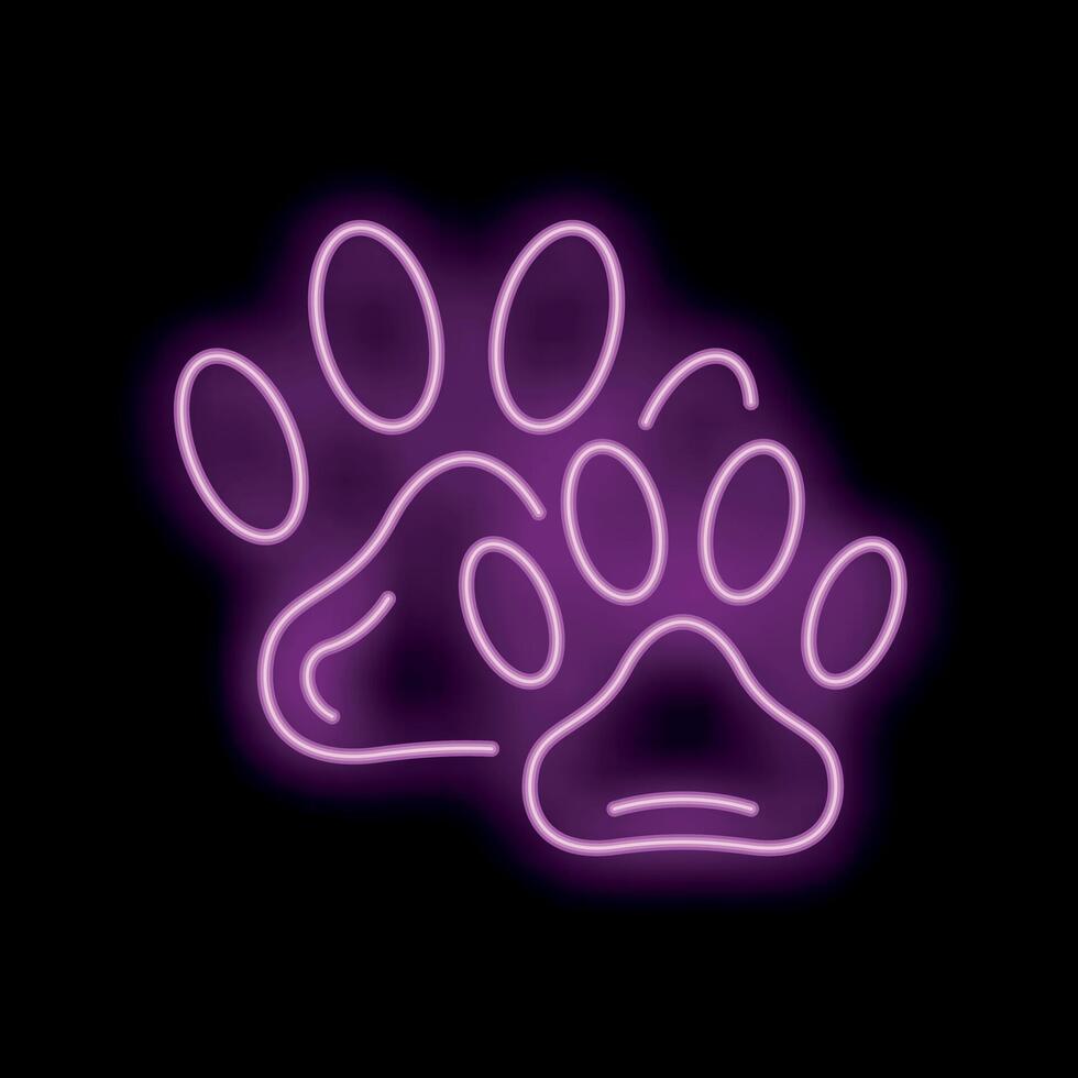 Neon sign showing two bright pink paw prints on a black background vector