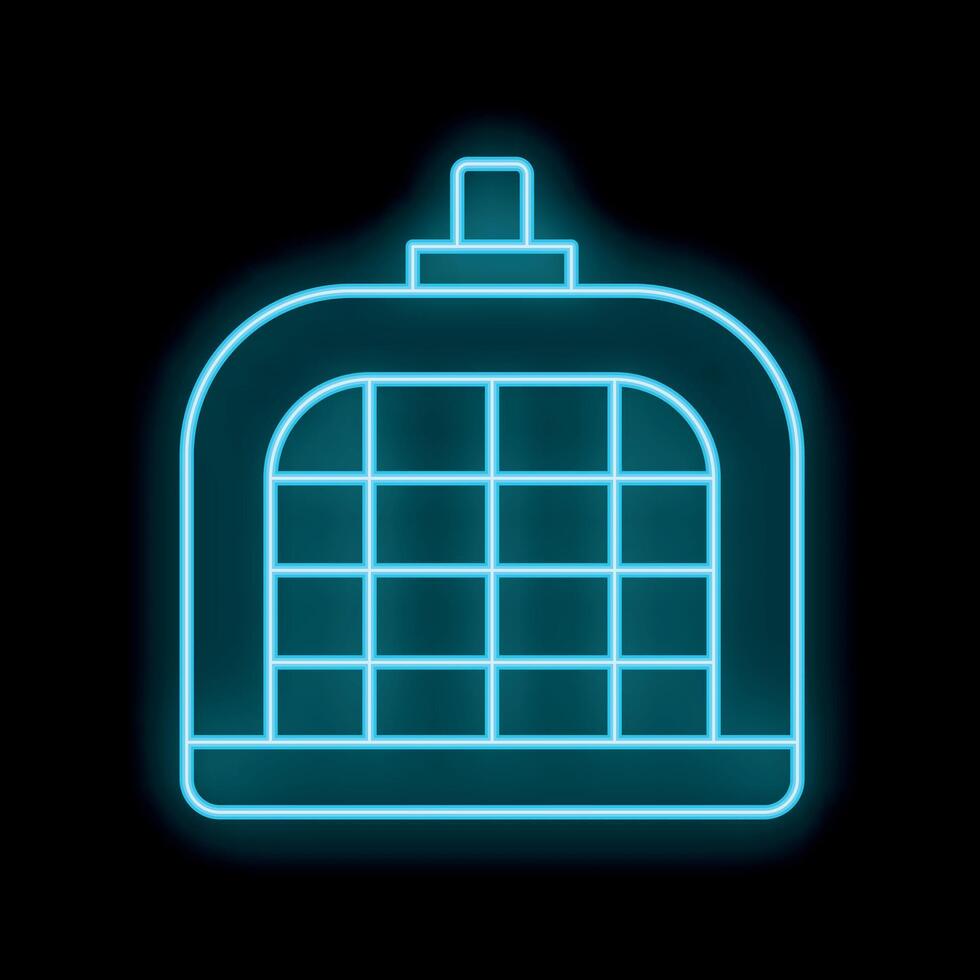 Glowing neon line pet carry case icon isolated on black background vector
