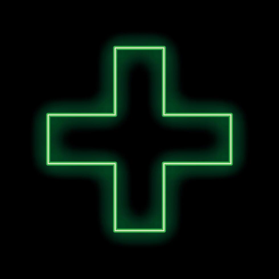 Green neon cross glowing on black background vector