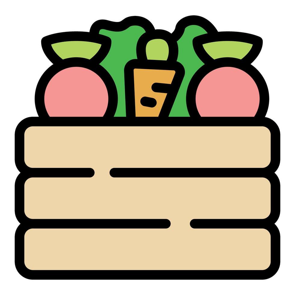 Wooden crate overflowing with freshly picked radishes, carrots, and lettuce vector