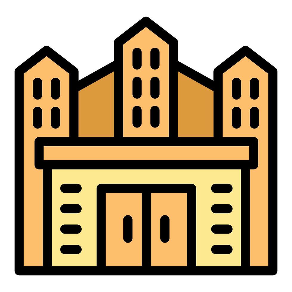 Modern building facade with large entrance doors and three towers vector