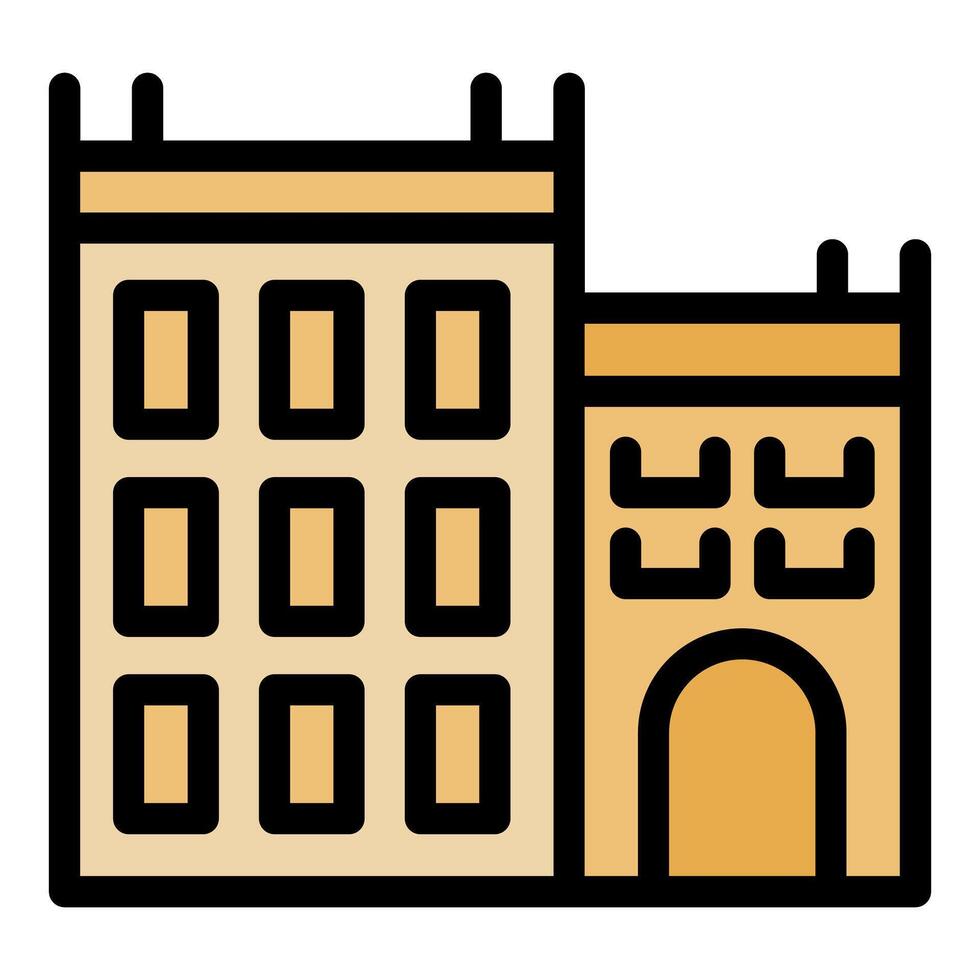 Facade of ancient building with square windows and arched entrance vector