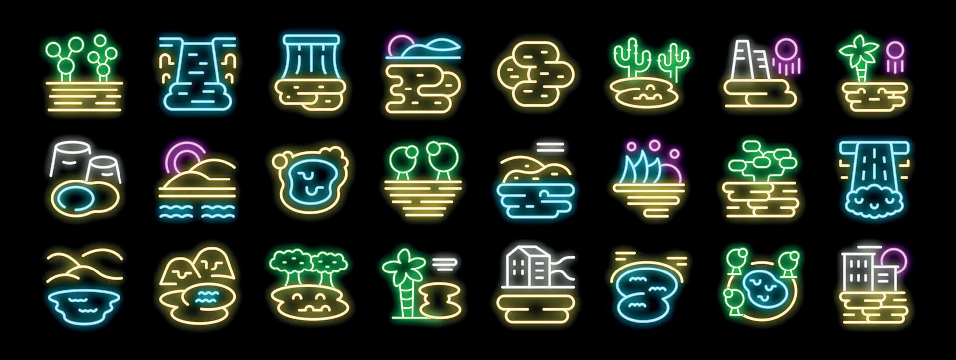 Neon landscape icons representing various natural and urban environments vector