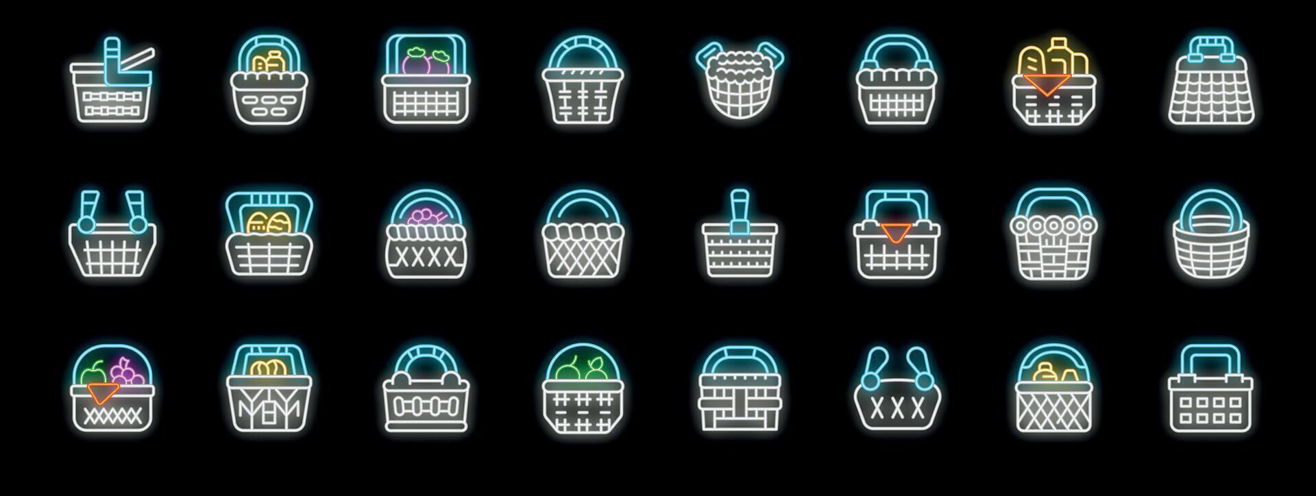 Neon baskets icons showing various styles and contents for shopping or picnics vector