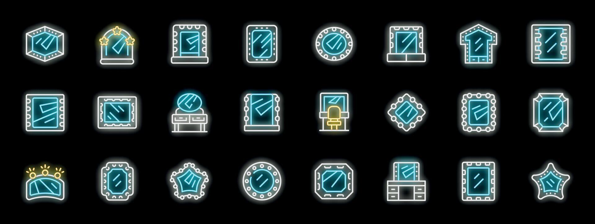 Makeup mirrors with neon light effect showing variety of shapes and sizes vector