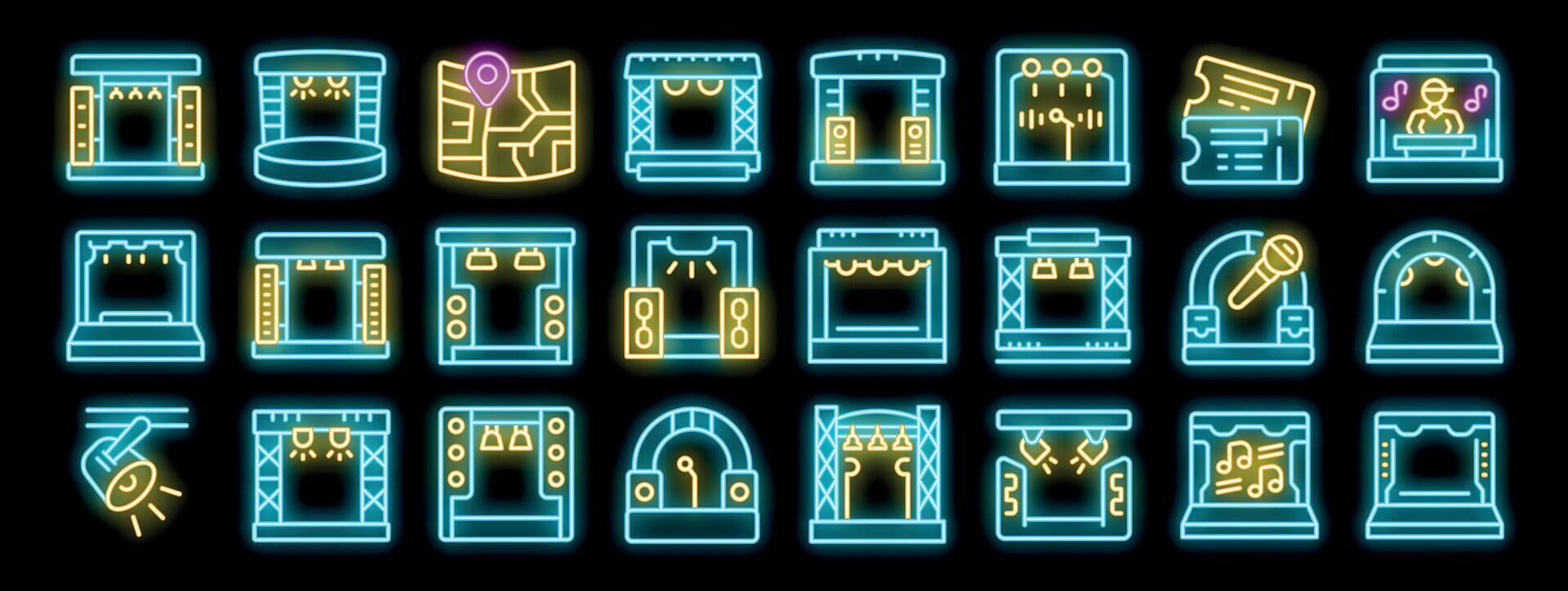 Scene podium icons set. Outline set of scene podium vector icons neon color on black