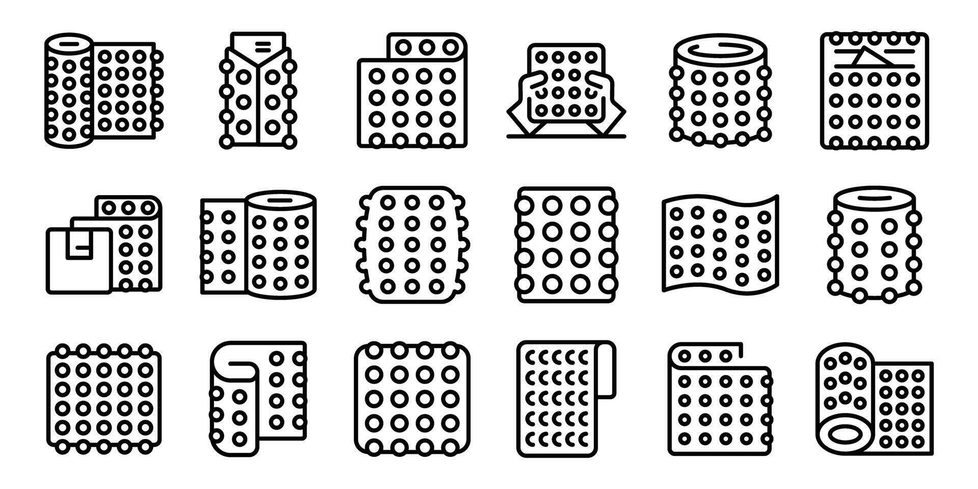 Bubble wrap package icons set. Bubble wrap roll and packaging material protecting fragile items during shipping vector