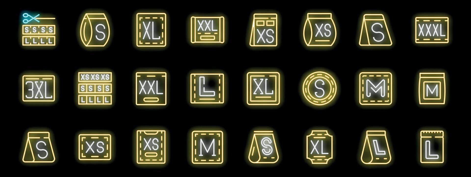 Neon clothes sizes icons showing dressmaking, sewing, and fashion design for various sizes vector