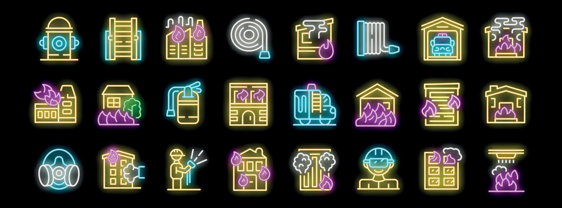 Firefighting neon icons representing various aspects of fire safety and emergency response vector