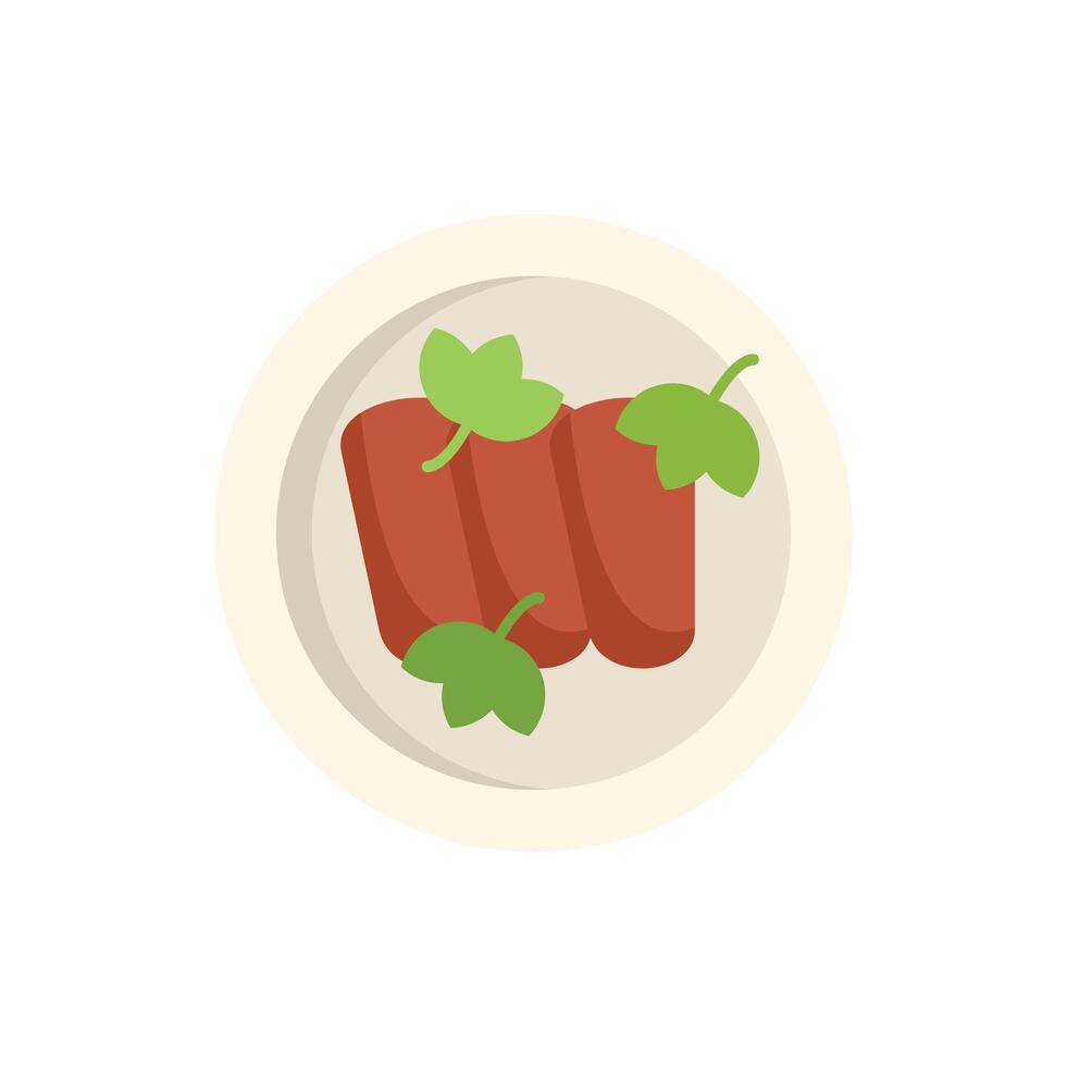 Three sausages with basil on a plate top view vector