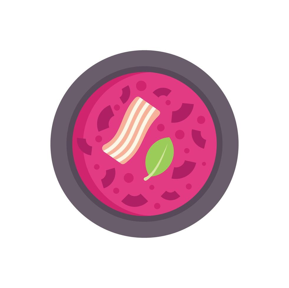 Delicious ukrainian borscht soup with bacon and basil garnish vector