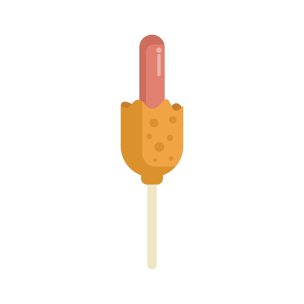 Corn dog on a stick being held up against white background vector