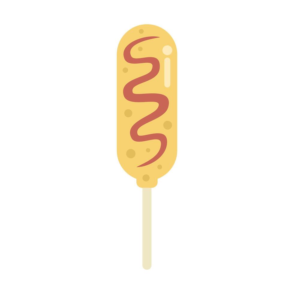 Delicious corn dog on a stick with mustard drizzled on top vector