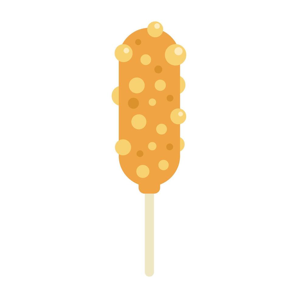 Corn dog on stick with mustard drops being dipped in batter vector